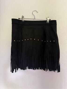 Black Fringe Mini Skirt with Stud Detail